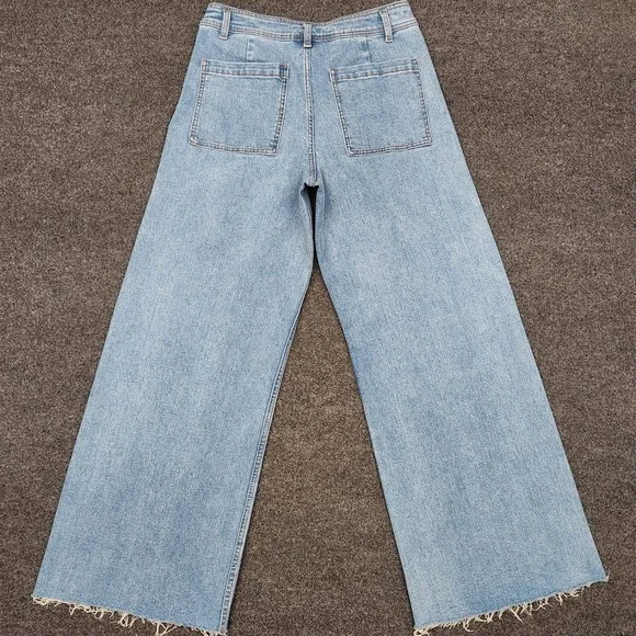 Miou Muse Womens Large Light Blue Wide Leg Denim Jeans Stretch Baggy Raw Hem - Picture 2 of 10